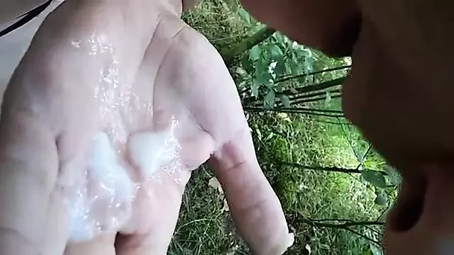Walk in the woods, cumshot on hand, licking your.