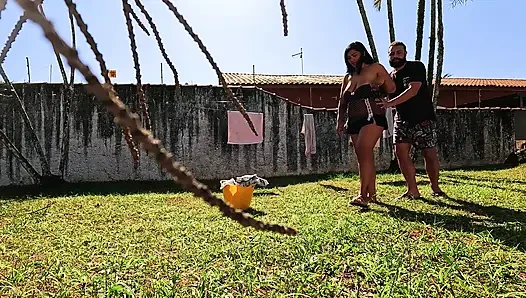 Cuck Fucks His Slut Wife While She Hangs Laundry in See-through Dress
