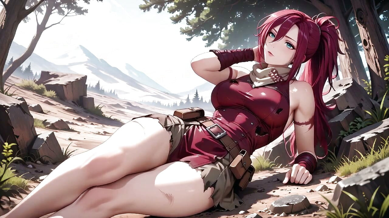 Redhead Warrior in Ruins! Forbidden Encounter in the Industrial Wasteland, her tight combat suit soaked and hazy eyes.