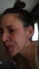 Slut wearing just a bra gags when he cums in her mouth