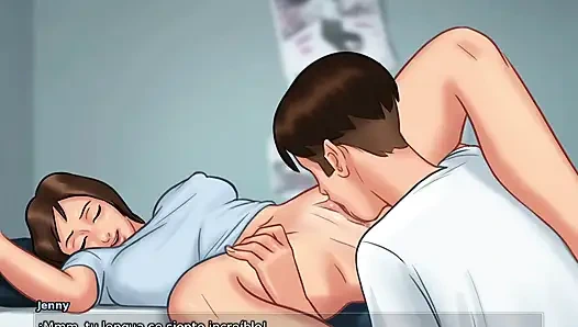 Stepmom and stepsister fight for the tenant's cock in the house and fuck him all the time - summertime saga