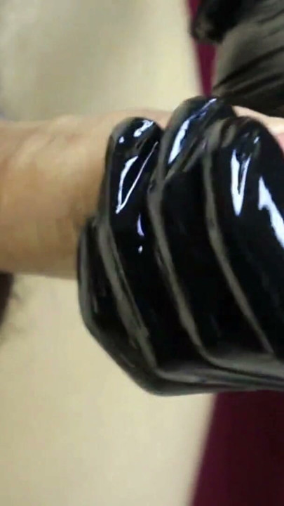 close-up cock massage with lubrication in sexy gloves | Clip 1
