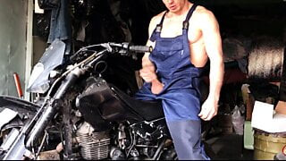 A Russian MECHANIC repairs a MOTORCYCLE in the garage and gets excited and FUCKS a silicone ass