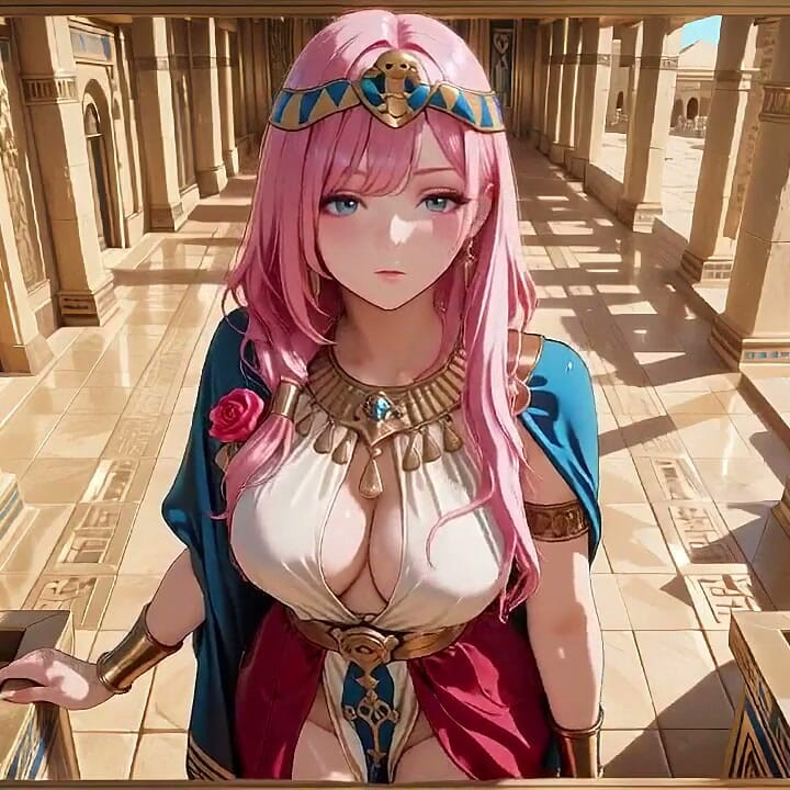 Inside the Golden Egyptian Temple, She Kneels in Her Red and White Robe, Sipping From a Golden Cup with Hazy Eyes.