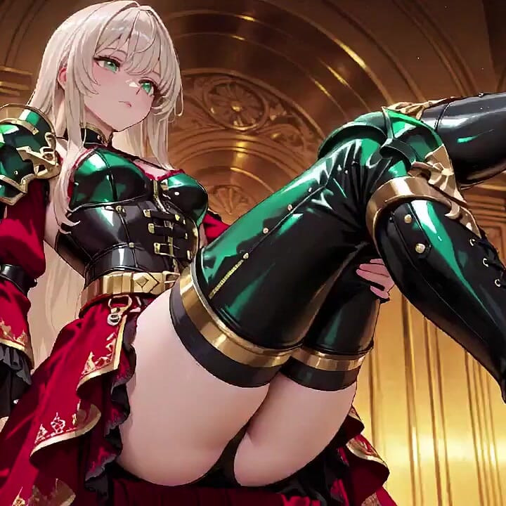 Forbidden Fantasy in Red & Green Armor! Blonde Knight Lounges Seductively While Her Silver -haired Partner Kneels to Serve