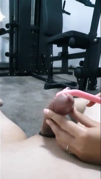 Rough Femdom Urethral Sounding of Slave Cock in the Gym with 12 Inch Dilators, Handjob, Huge Cumshot