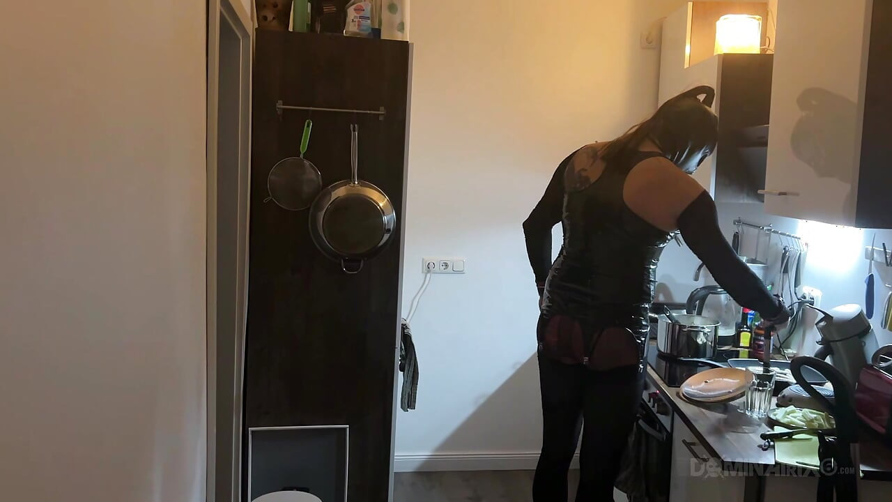 Dominant MILF Stretches Latex Sub's Ass Wide in Kitchen
