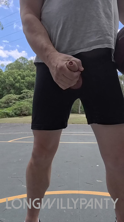 Straight guy hanging out his uncut cock at the public space.