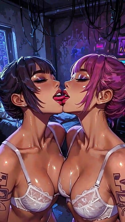 Cyberpunk lesbianas lengua y beso fetiche, animación ai