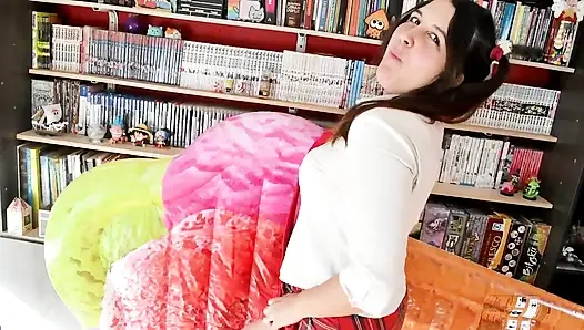 Schoolgirl Blow Bubbles and Ride Inflatable -bunny Looner