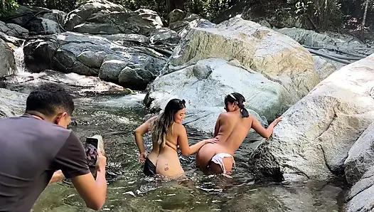 2 Latina swallow 2 cocks of strangers in the middle of the forest