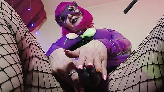 Fetish Rubber Dominatrix Eva Latex Purple Dress Mask Big Ass MILF Toys BDSM Femdom Solo Hot