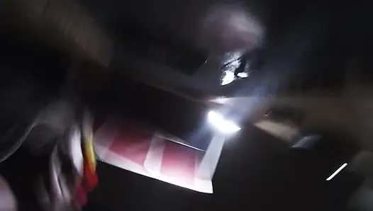 Mature sissy CD out in the rain in A parking lot in public masturbation.