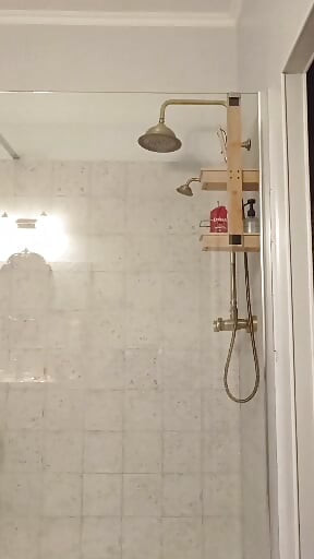 Walk-in shower on a holiday evening