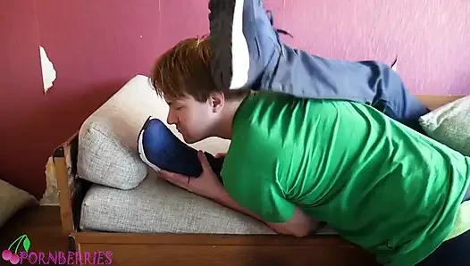 Blue sneakers, dirty socks and sweaty feet worship and footjob