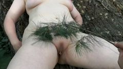 Whip her pussy and tits with nettles in public