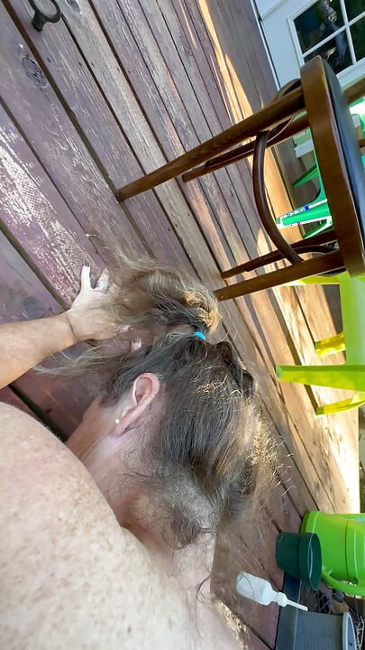 Freckled Dirty Wife gets bent over the deck and fucked from behind butt plug