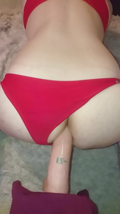 French femboy guy moans and destroys his asshole with a 22 cm dildo in lingerie, dirty talk, insults, huge dildo,