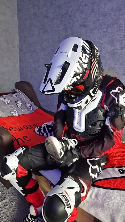 An Excited Guy in Motorcycle Gear Fucks His Sneakers