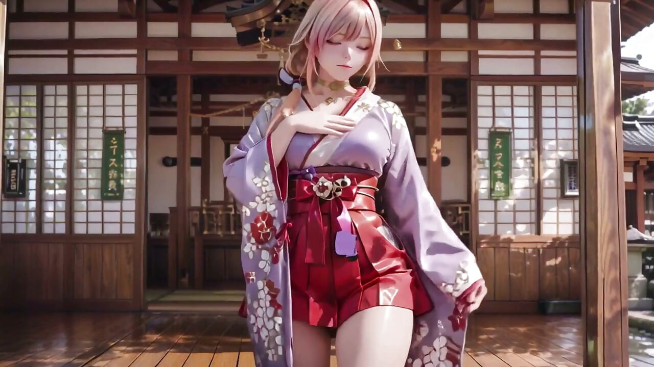 Déesse blonde dans le couloir japonais, regard paresseux, main sur les hanches, soleil trempe sa peau