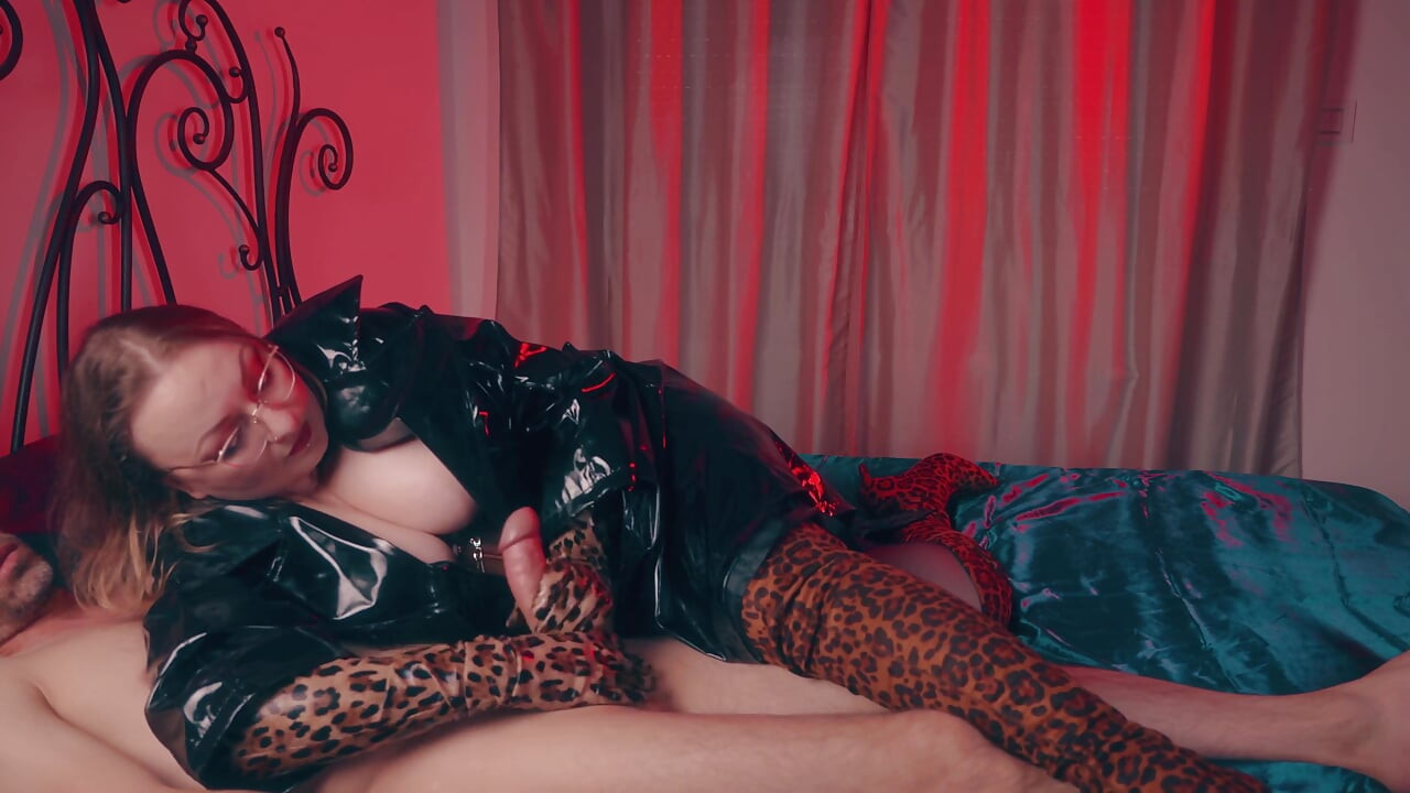 Dominant Handjob Edging Ruined, Wearing Long Leather Gloves -milf in Black Pvc Raincoat Leopard Thigh High Boots Controls, CFNM
