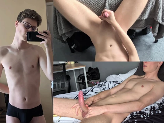 Skinny boy jerking his big curved dick and touching his smooth body