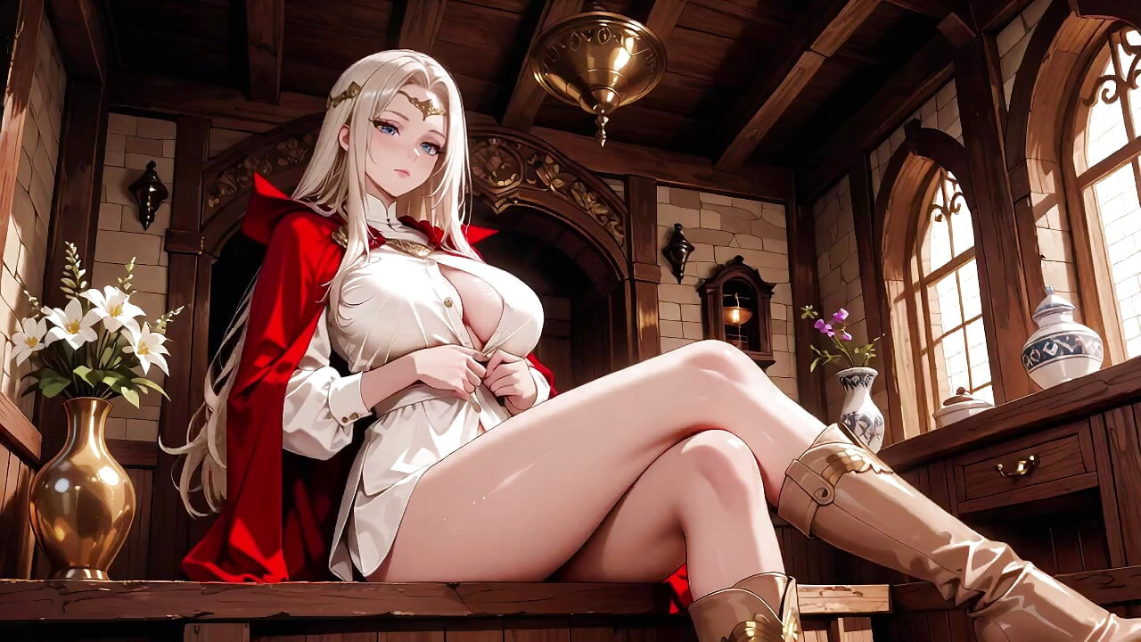 Languid Reading in a Gothic Library, White Robe and Red Cape, Hand Resting Gracefully with Half-closed Eyes.