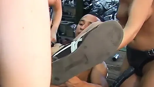 Biker guy sucks and takes strap-ons from bitches