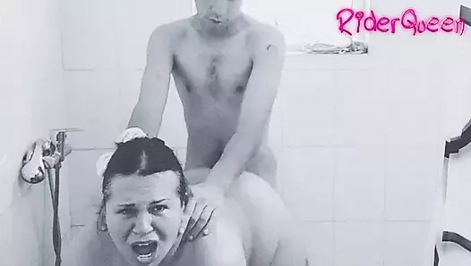 Stepson is seduced by chubby mom and fucks her in the shower