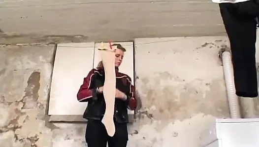 Blonde Rides Hard Cock in Basement Laundry Room