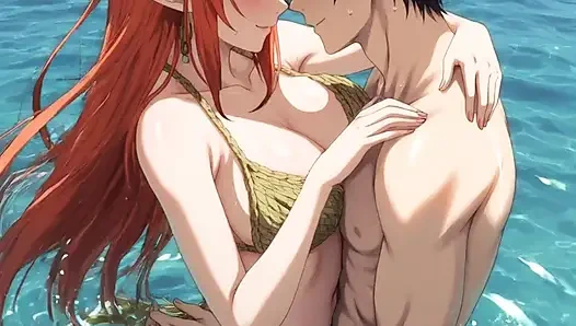 Redhead anime hentai girl fucks in the water