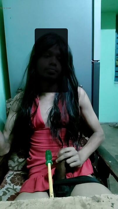 Cute indian crossdresser in sexy dress with dildo