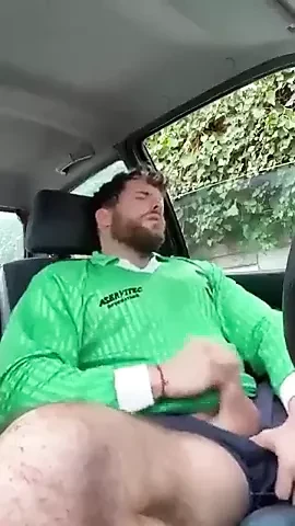 bear cub shooting a hot load on his sports kit in the car