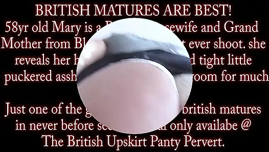The beautiful British granny lifts her skirt and shows off her hairy vagina and tight, mature ass.