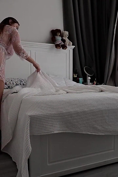 Stepmom Tidies the Bedroom.in Her Sheer White Robe