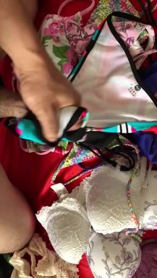 Using bra and stained bikinis cum on