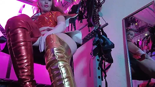 BDSM Mistress Pvc Gold Red Vinyl Toys Dick Fetish Boots Femdom