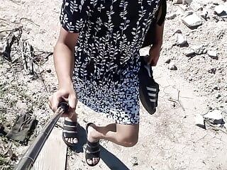 Cute trans with thong dress and sandals walks alone and hot very slut