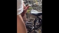 Twink cum on his bike outdoors