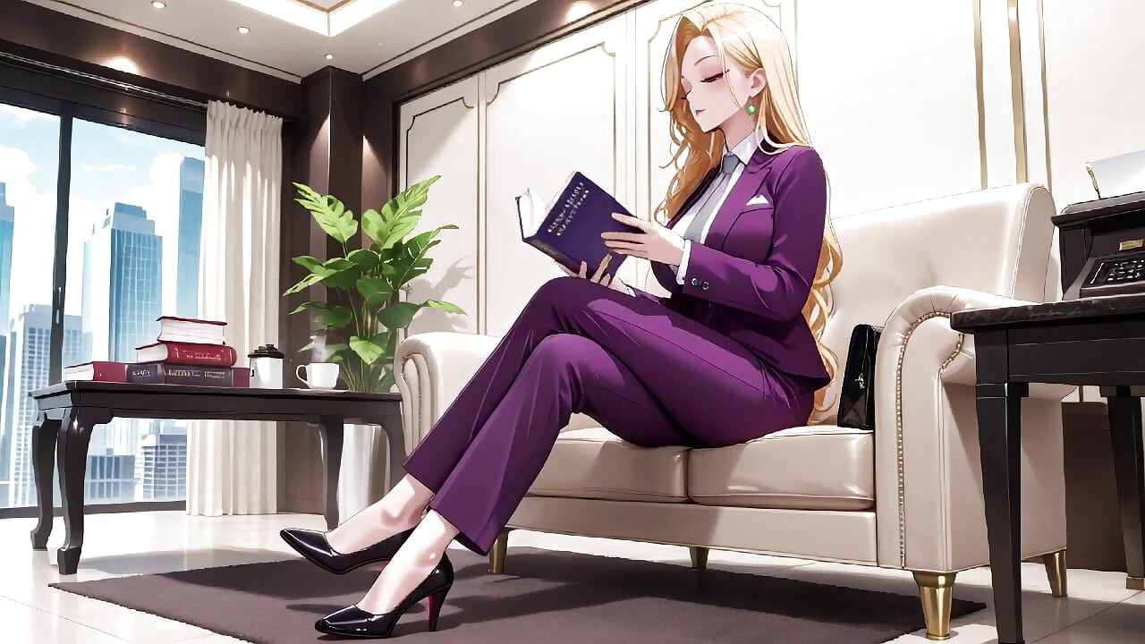 Blonde Boss in Purple Suit! Office Train Private Moments. She's Multitasking with Files While Secretly Adjusting Her Skirt...