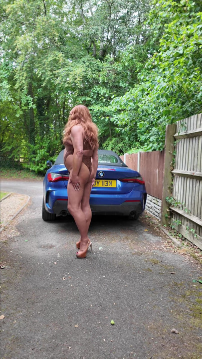 Sexy Crossdresser kellycd2022 in brown and gold swimsuit and heels | Clip 1