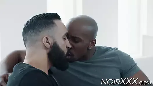 Muscular black gay ass destroys hunky bearded white stud