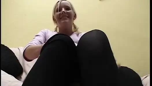 Blonde teen wearing nylon shaving her pussy while two guys jerking on her