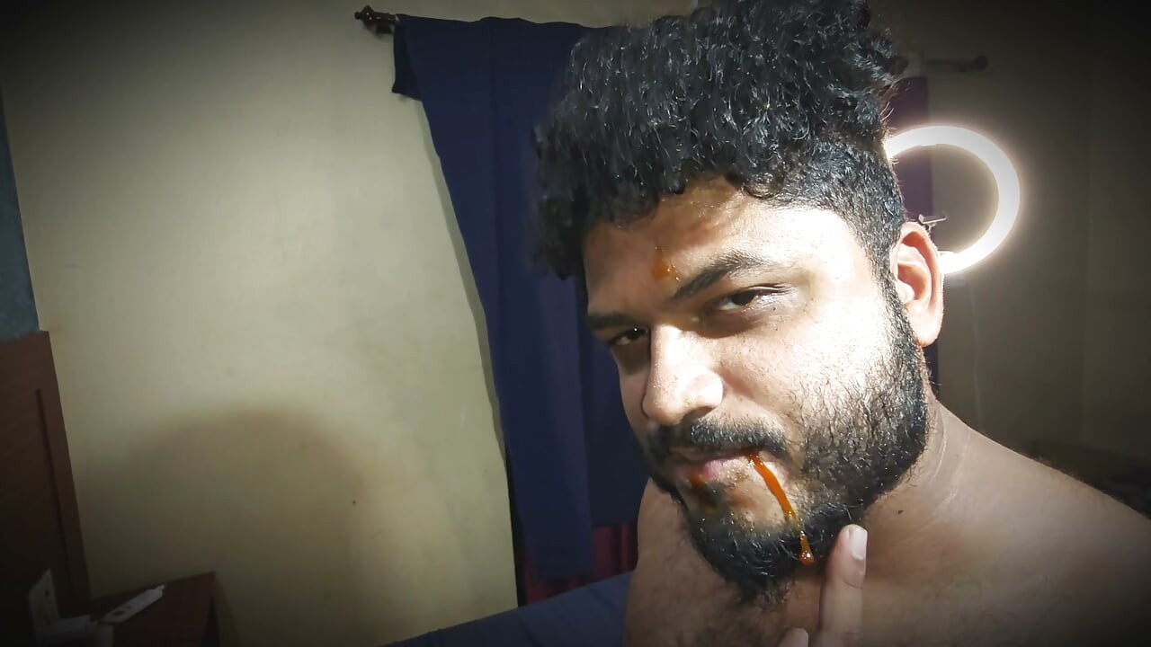 Licking sexual game play by Jackson with chocolate syrup over boobs