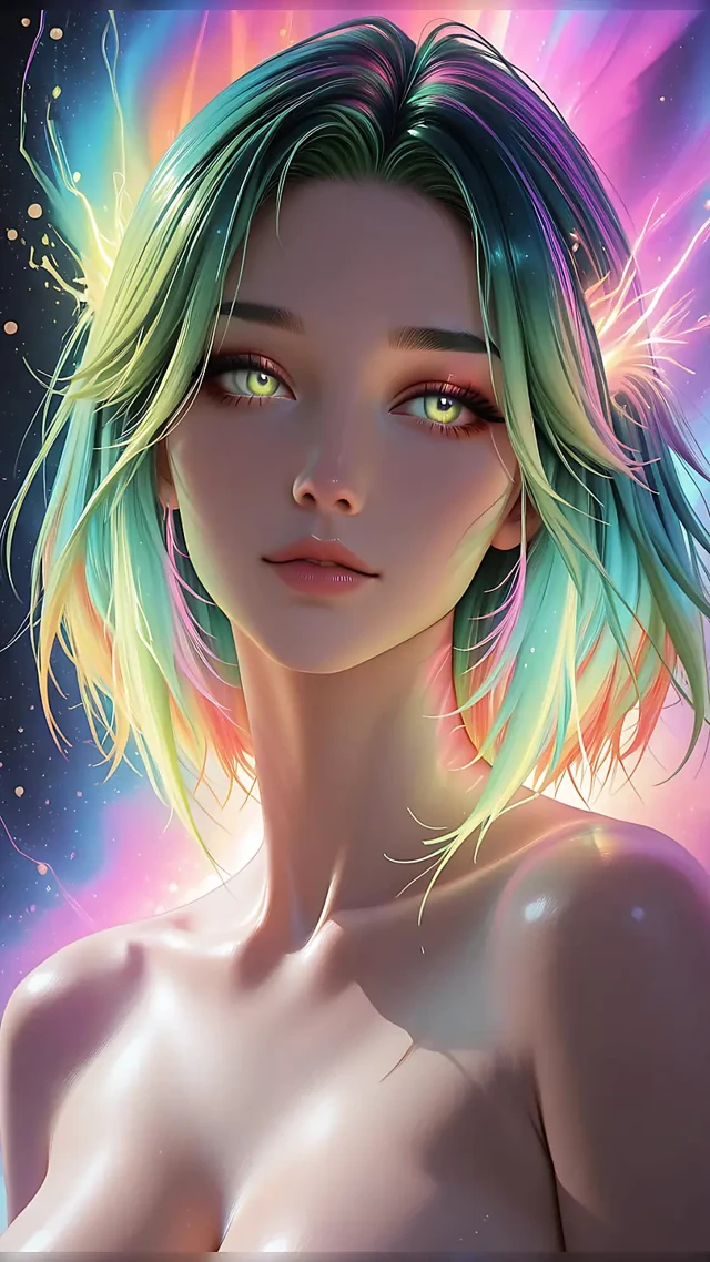 Cosmic Neon Beauty Portrait with Luminous Eyes Dreamlike Fantasy Ai Art Slideshow