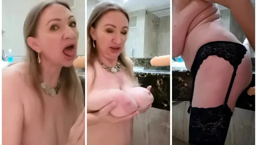 Hottest busty milf ever MariaOld in black stockings with garter suck, titty fuck and pussy fuck by BWC dildo