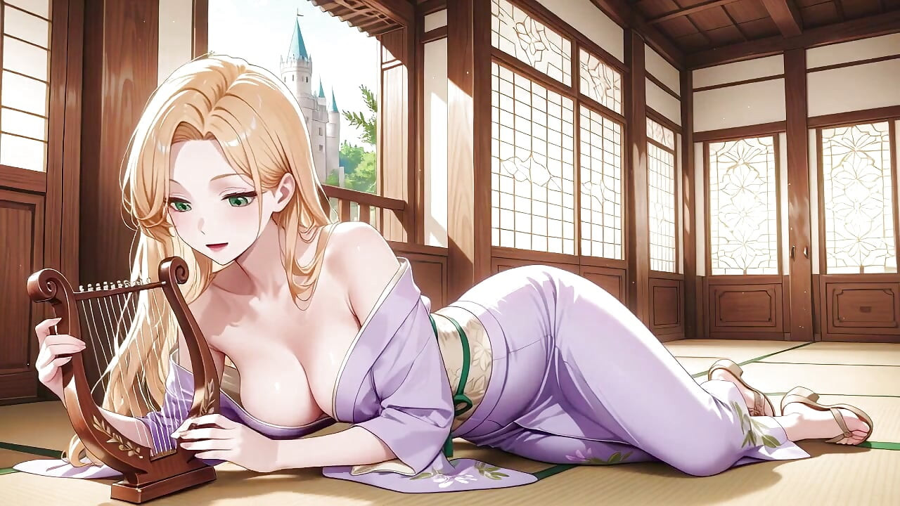 Blonde in Lavender! Kneeling Barefoot Under the Red Torii Gate, Her Andouf Fluttering in the Breeze