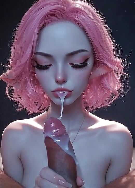 粉色头发的AI精灵吹箫，乳交，骑乘女牛仔风格，最后射精从她嘴里滴下