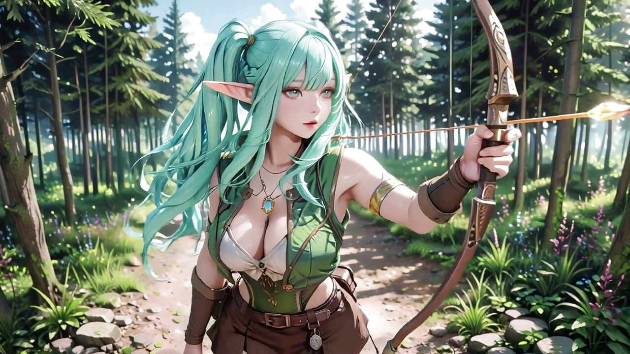 Bosfantasie! Blauwe elf op de knieën, groene elf die plaagt, zonbeschenen magie en toverstafspel.