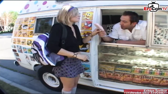 Blonde teen with small tits wears a skirt and gets picked up